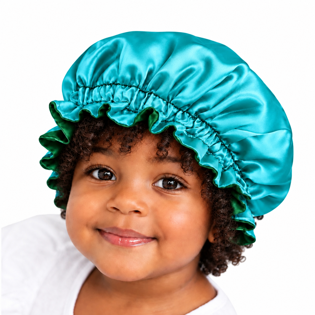 100% Satin Sleep Cap for Children (3-9 years old) Teal-Green Double-Sided