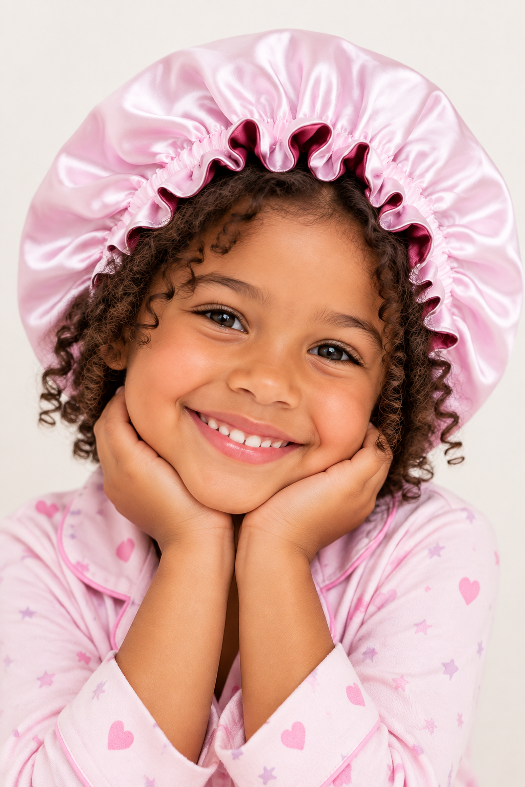 100% satin night cap for children (ages 3-9 years) double-faced baby pink-burgundy red